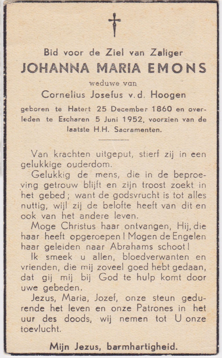 Bidprentje Johanna Maria Emons